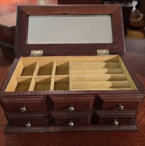 Vintage Wood Dresser Style Jewelry Box With Lid Mirror